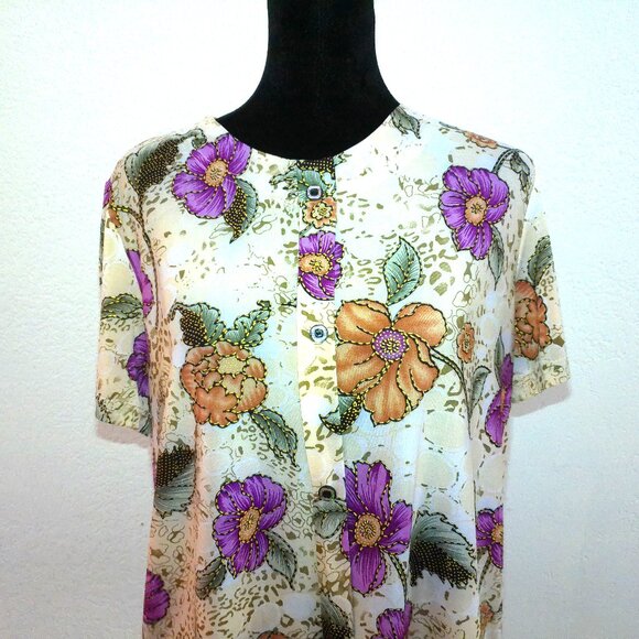 Purple/orange/beige shiny floral T-shirt, with golden glitters details - Picture 4 of 7